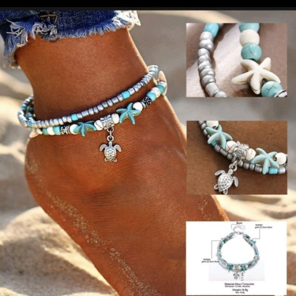 🆕 Turtle & Starfish 2- Layer Beaded Ankle Bracelet / Adjustable